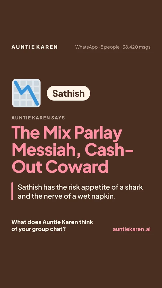 A brown member card for Sathish, called The Mix Parlay Messiah, Cash-Out Coward, with one line about him.
