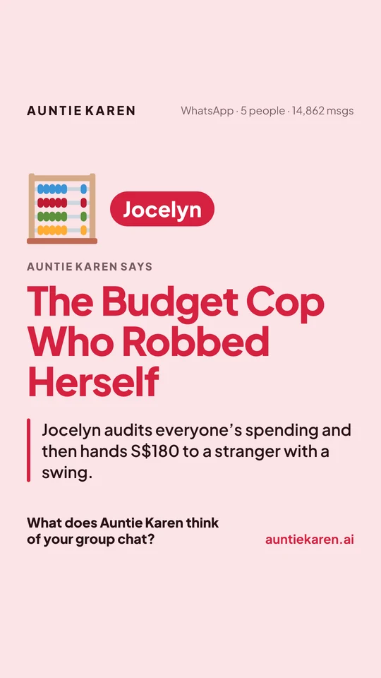 A pink member card for Jocelyn, called The Budget Cop Who Robbed Herself, with one line about her.