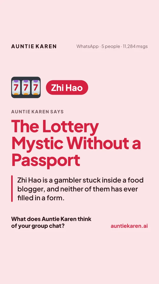A pink member card for Zhi Hao, called The Lottery Mystic Without a Passport, with one line about him.