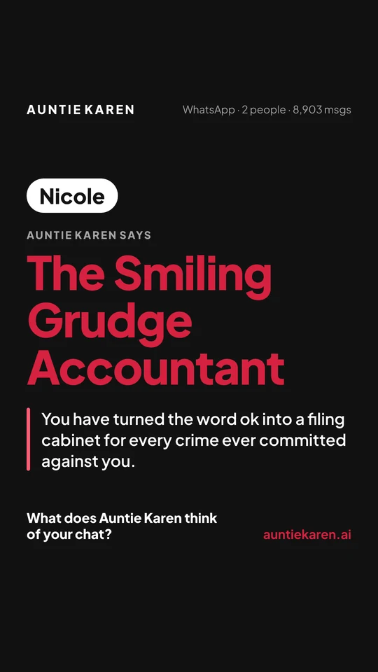 A dark member card for Nicole, called The Smiling Grudge Accountant, with one line about her. The other person in the chat is not named.
