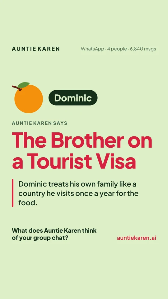 A green member card for Dominic, called The Brother on a Tourist Visa, with one line about the brother who visits once a year for the food.